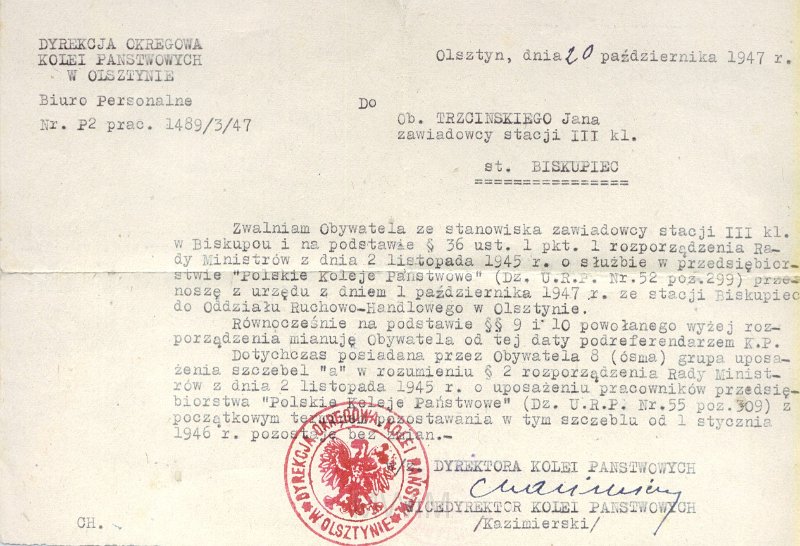 KKE 6087.jpg - Dok. Wypowiedzenie umowy o prace w PKP dla Jana Trzcińskiego, Olsztyn, 20 X 1947 r.